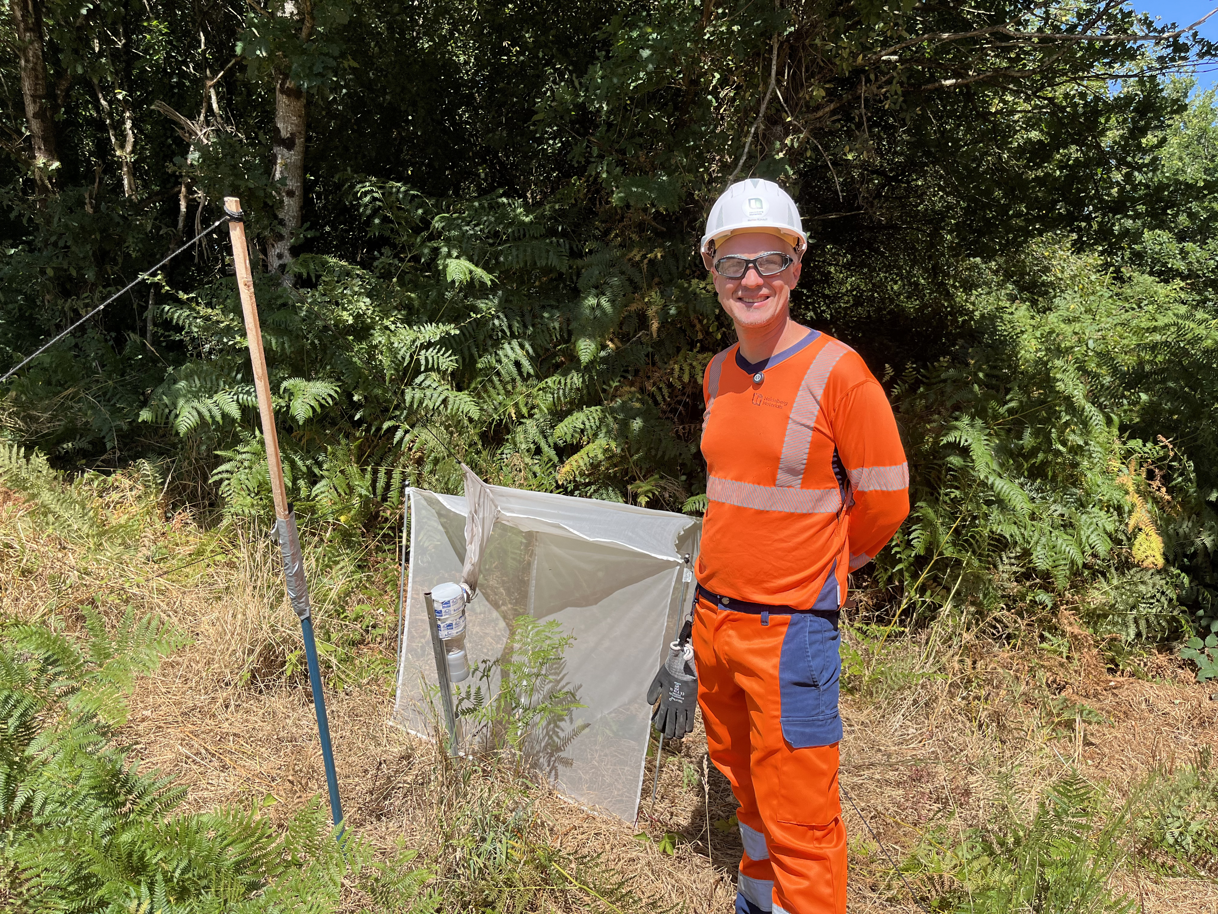 Homme en tenue de sécurité orange avec un casque blanc, debout à côté d'un piège à insectes en tissu blanc dans un environnement boisé avec des fougères et des arbres en arrière-plan.