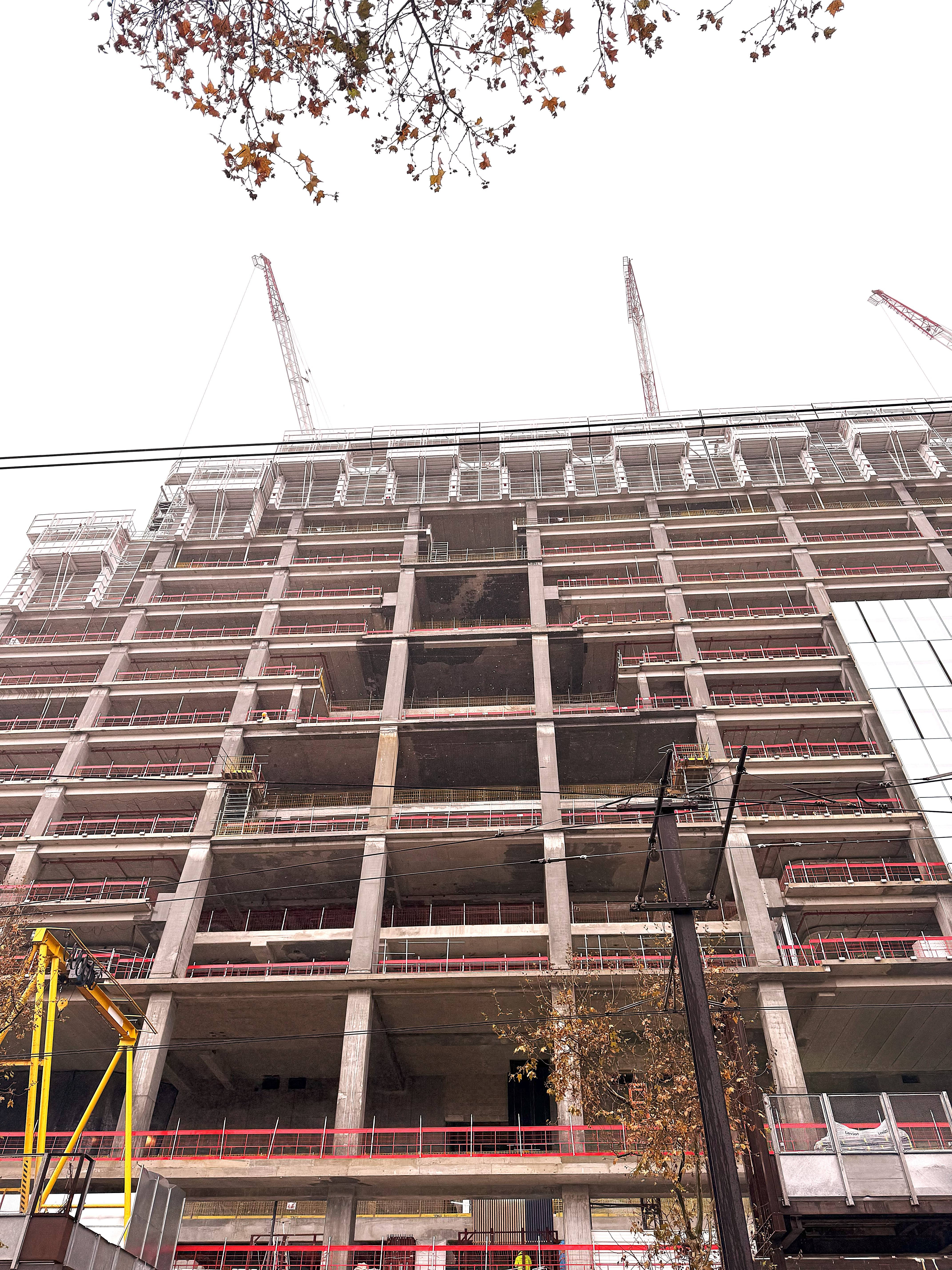 Immeuble en construction vu en contre-plongée, avec une structure en béton et plusieurs étages en cours de finition. Des grues sont visibles en haut, et un feuillage d'arbre se trouve en haut à gauche.