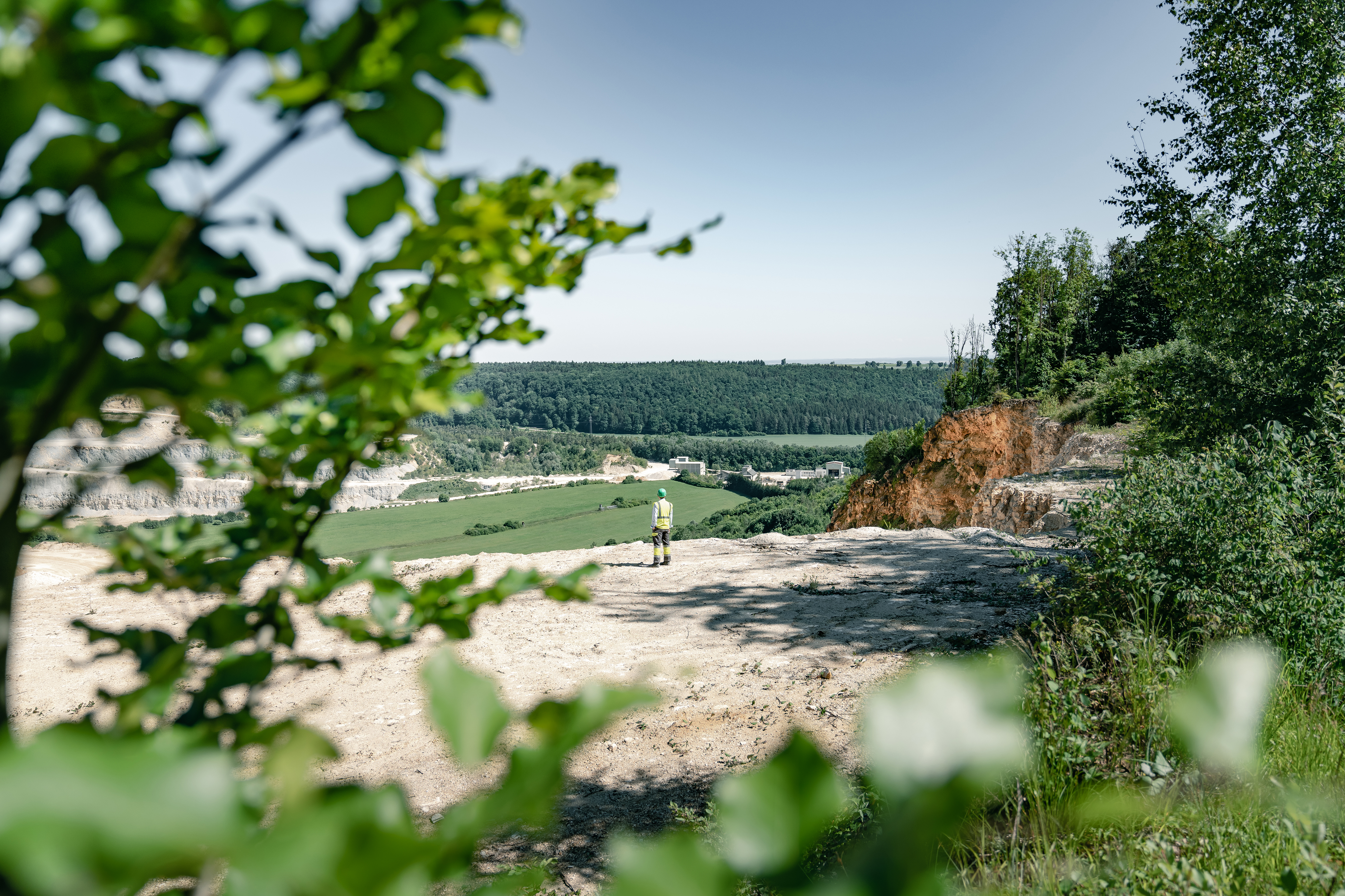Vue panoramique d'une vallée verdoyante depuis un point élevé, avec un promeneur isolé au centre de l'image. Branches au premier plan, une falaise avec des arbres à droite, et des champs s'étendant jusqu'à l’horizon sous un ciel dégagé.