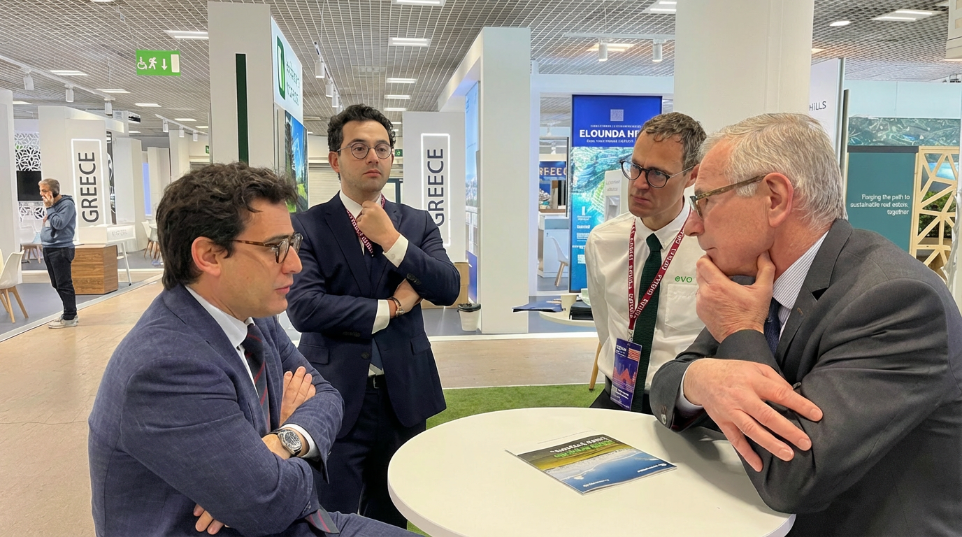 Des hommes en conversation autour d'une table dans un espace d'exposition industriel.