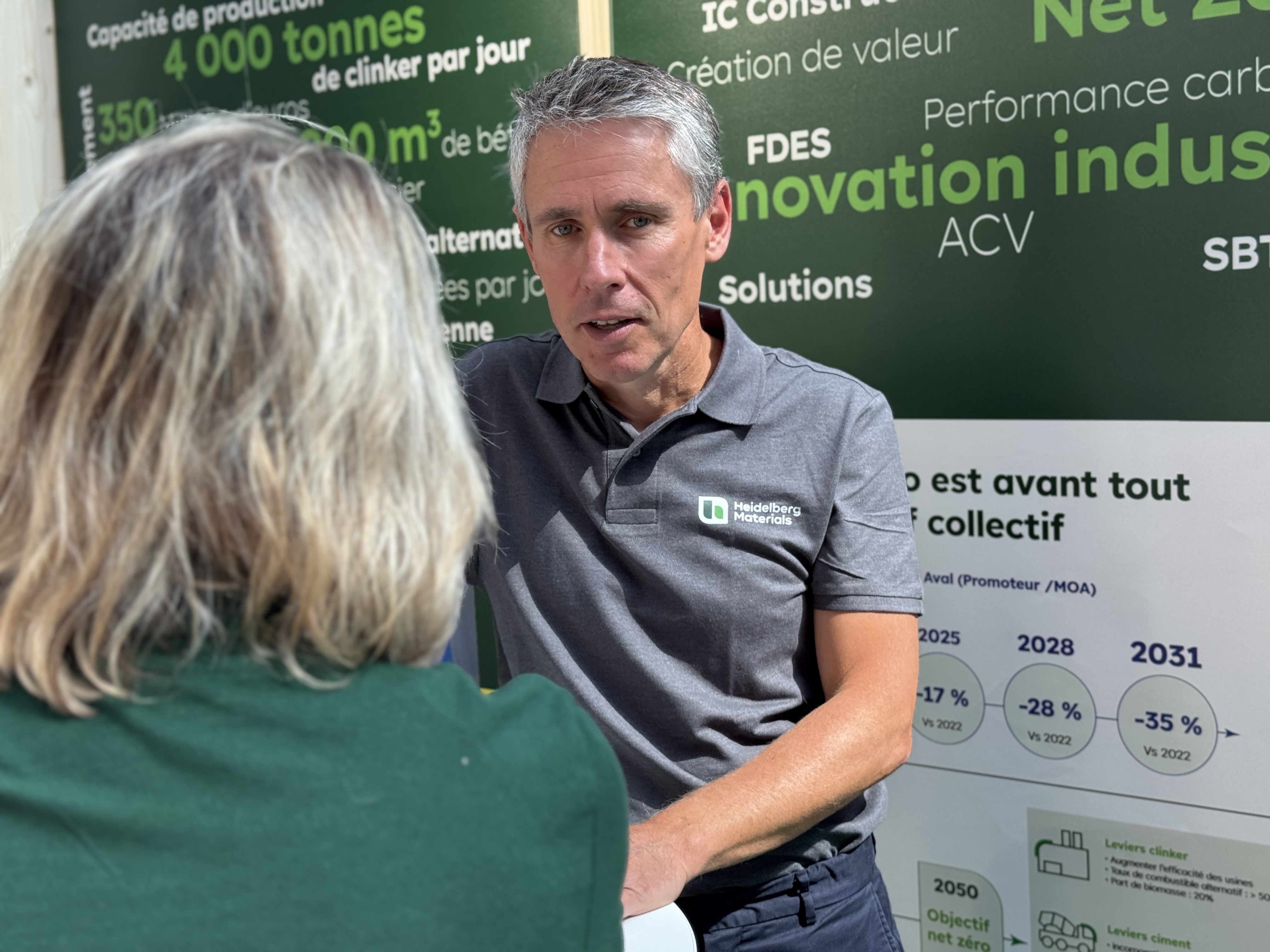 Un employé en discussion avec une personne devant un panneau présentant des informations sur les innovations industrielles et les performances environnementales.